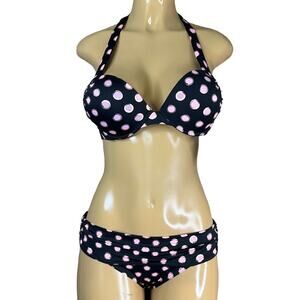 Victoria's Secret Miraculous Polka Dot Push Up Halter Bikini Top 34C Bottoms Med